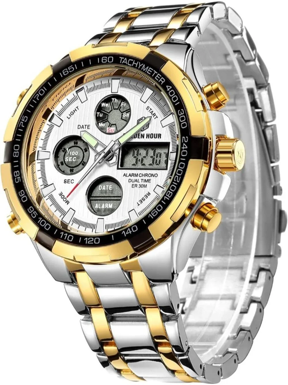 Men's Silver Gold Stainless Steel Analog Digital Outdoor Waterproof Luxury Watch